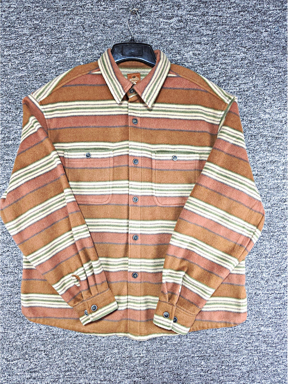 Vtg RedHead Men's XL Brown/Tan/Green Striped Fleece Long Sleeve Button-Up Pocket